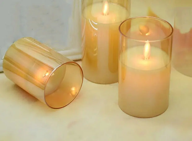 USB Rechargeable LED Flameless Pillar Golden Glass Candle set Flickering Moving Wick Paraffin Wax Remote control w/Timer-Amber