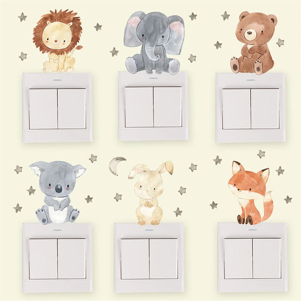 1 Sheet Cute Animal Switch Sticker Children's Room Lion Elephant Rabbit Wall Stickers Wall Decals DIY Living Room Wall Sticker