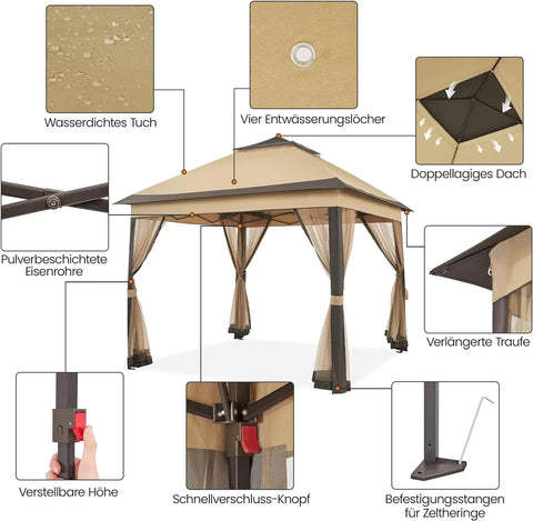 Gazebo 3.3x3.3m Waterproof Stable Pop Up Folding Gazebo, Adjustable Garden Gazebo with 4 Mosquito Net Side Panels & Double Roof