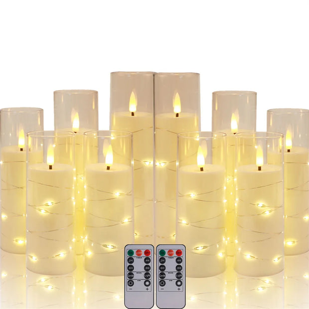 Set of 10/20 Flameless Candles w/ Embedded Star String LED Pillar Candle with Timer Remote Control For Home Indoor Wedding Decor