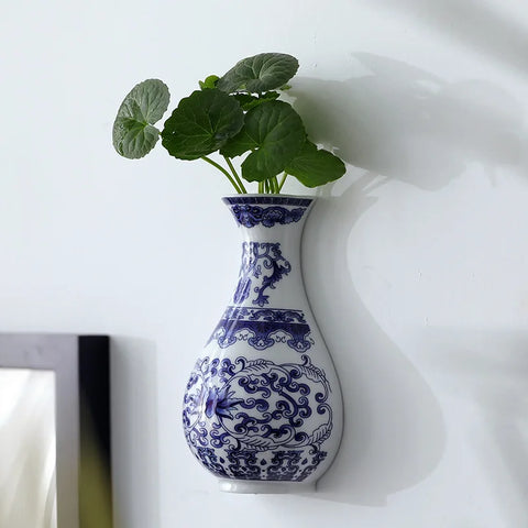 Ceramic vase, antique blue and white porcelain flower container, lucky bamboo, living room and home decoration, wall hanging