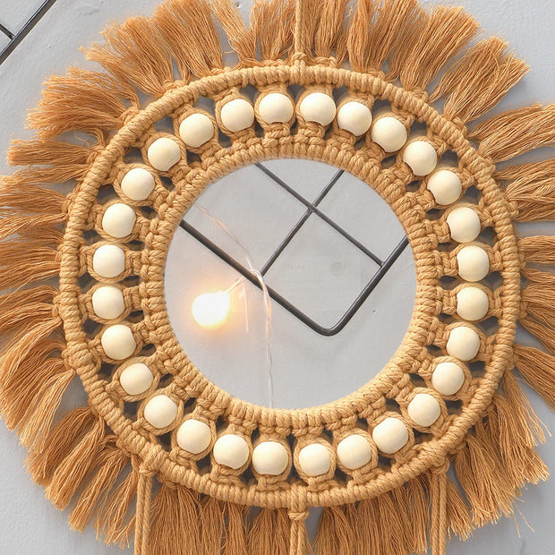 Round Wall Mirrors Room Decor Hand Woven Decorative Mirror Wall Hanging Mirror for Apartment Living Room Bedroom Home Decoration