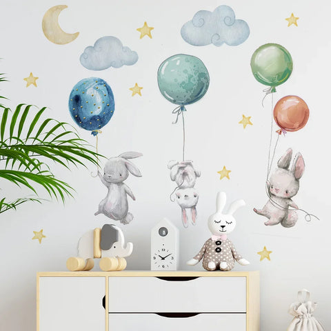 Cute Lovely Flying Rabbits Wall Stickers For Kids Balloons Moon Star Cloud Removable Decal Nursery Baby Room Decor Poster Mural