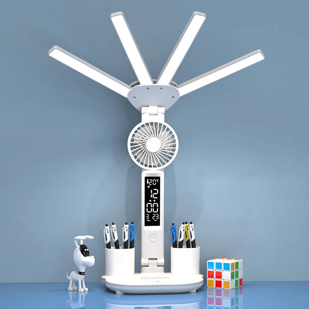 Rechargeable Table Lamp for Study, Desk Lamp Reading Light Led Table Light with Fan, Led Clock Dispaly Reading Lamp