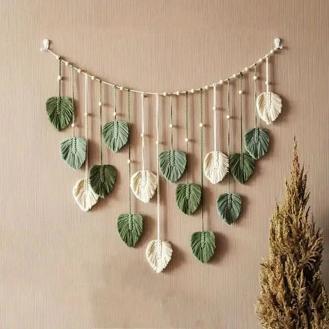 Boho Home Decoration, Macrame Tapestry Macrame Leaf Feather Wall Hanging Decor for Living Room Bedroom, Boho Wall Art Home Decor