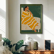 Minimalist Emerald Green Abstract Stripe Woman Drinking Coffee Artwork Poster Canvas Painting Wall Pictures Home Decor