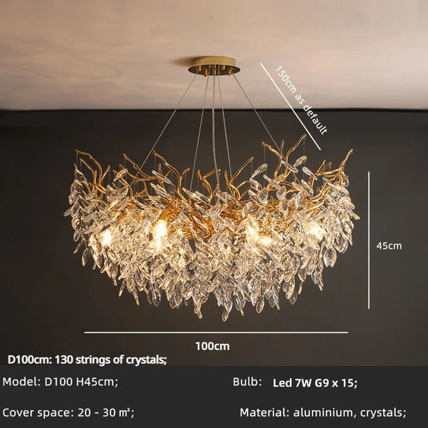 Luxury Dining Room Branch Led Pendant Lights Lustre Crystal Art Hanging Lamp Post Modern Suspend Lamp Gold Chandelier Fixtures