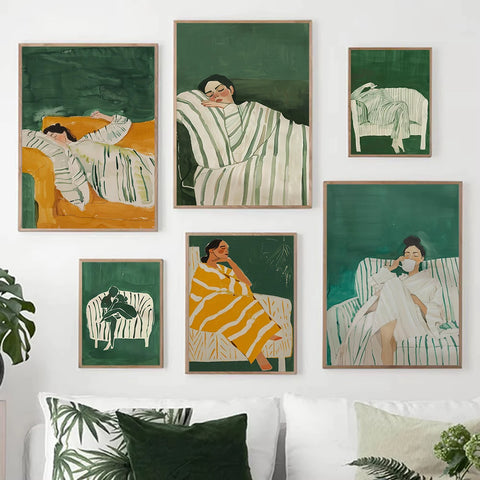 Minimalist Emerald Green Abstract Stripe Woman Drinking Coffee Artwork Poster Canvas Painting Wall Pictures Home Decor