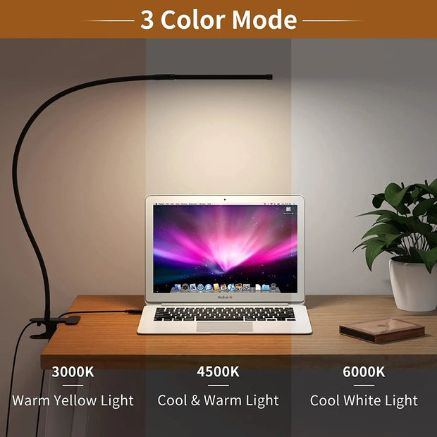 10W LED Desk Lamp with Clamp Dimmable Clip On Reading Light 10 Brightness Level 3 Lighting Modes Flexible Study Table Lamp USB