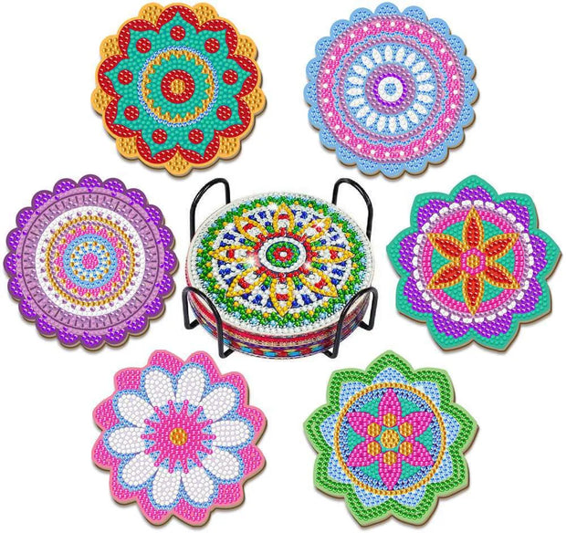 CHENISTORY 6 Pcs Diamond Painting Coasters with Holder, Mandala Diamond Art Coasters Diamond Small Painting Kits Art Craft