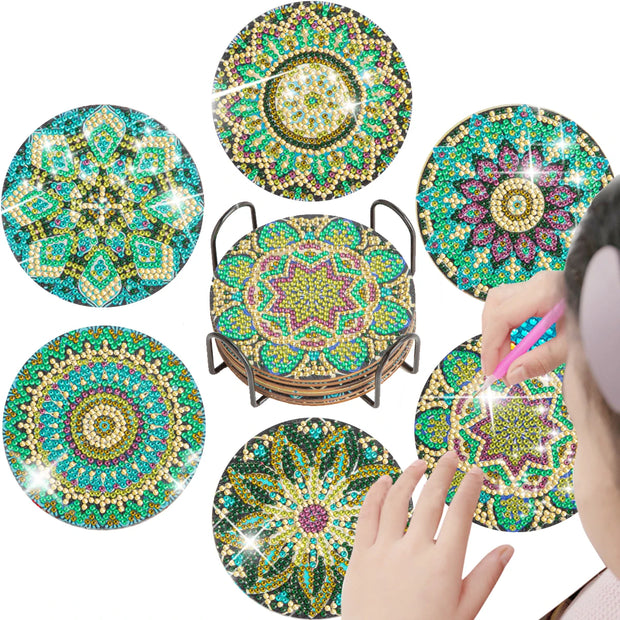 CHENISTORY 6 Pcs Diamond Painting Coasters with Holder, Mandala Diamond Art Coasters Diamond Small Painting Kits Art Craft