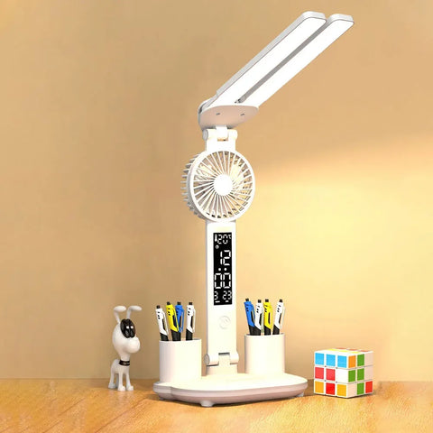 Rechargeable Table Lamp for Study Desk Lamp Reading Light Led Dual Head Table Light with Fan Led Clock Dispaly Reading Lamp