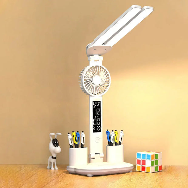 Rechargeable Table Lamp for Study Desk Lamp Reading Light Led Dual Head Table Light with Fan Led Clock Dispaly Reading Lamp