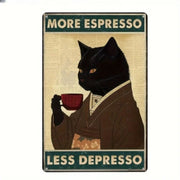 Retro Metal Tin Sign 5.5 X 8 In,More Espresso Less Depresso Poster Drinking Poster Coffee Lover Gift Funny Black Cat Wall Art