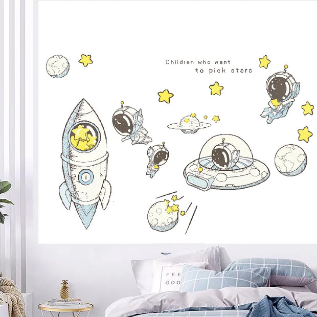 3D Creative Planetary Astronauts Wall Sticker Home Decor Cartoon Kids Room Bedroom Period Print Decal Mural Art Sky Poster Gift