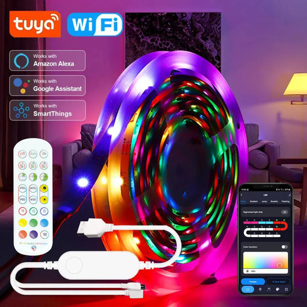 1-30M/100FT USB LED Strip Lights Tuya APP Control Color Changing 5050 RGB TV Backlight Flexible Lamp Tape for Room Decoration