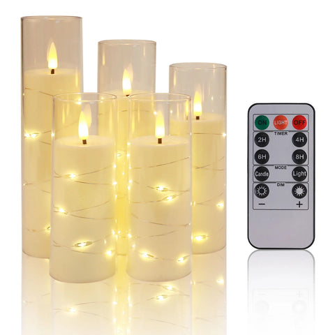 Set of 10/20 Flameless Candles w/ Embedded Star String LED Pillar Candle with Timer Remote Control For Home Indoor Wedding Decor