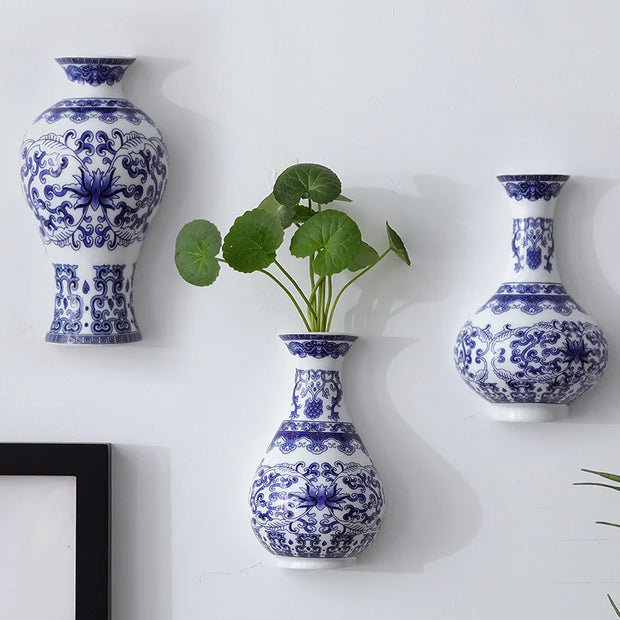 Ceramic vase, antique blue and white porcelain flower container, lucky bamboo, living room and home decoration, wall hanging