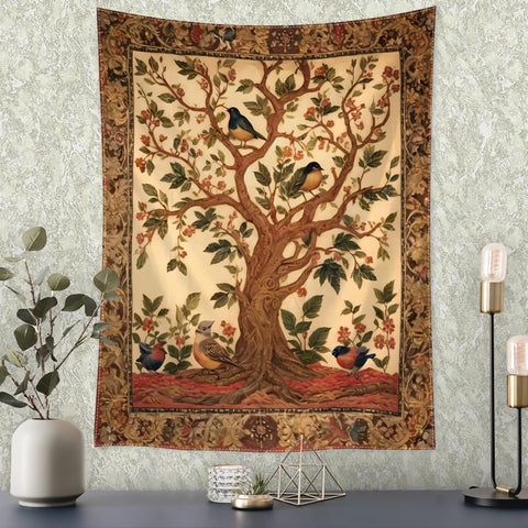 Retro Flower and Bird Tree Tapestry Wall Hanging Abstract Art Mysterious Witchcraft Hippie Dormitory Living Room Home Decor