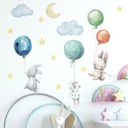 Cute Lovely Flying Rabbits Wall Stickers For Kids Balloons Moon Star Cloud Removable Decal Nursery Baby Room Decor Poster Mural