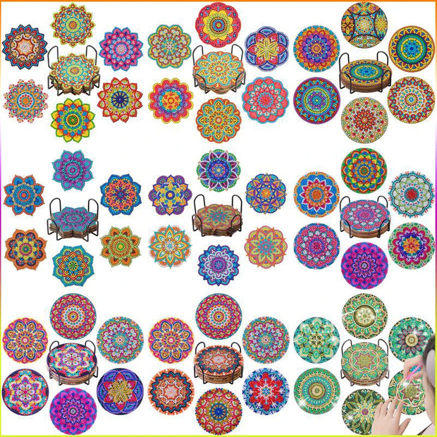 CHENISTORY 6 Pcs Diamond Painting Coasters with Holder, Mandala Diamond Art Coasters Diamond Small Painting Kits Art Craft