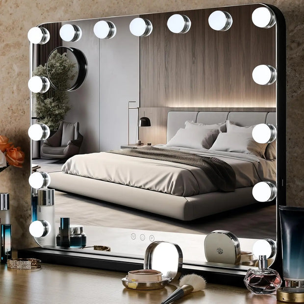 Hollywood Vanity Mirror with Lights Lighted with15 Dimmable LED Bulbs 3 Color Lighting,Adjustable Brightness USB Charging Port