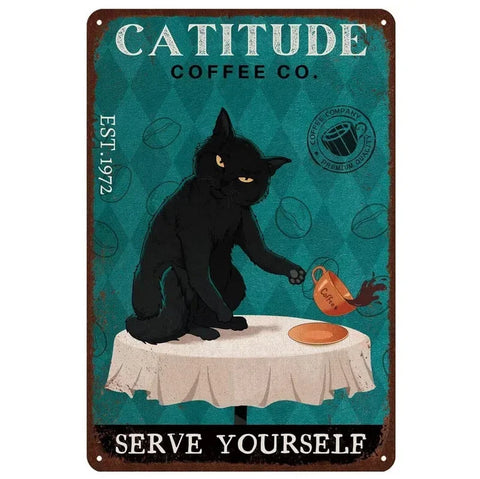 Retro Metal Tin Sign 5.5 X 8 In,More Espresso Less Depresso Poster Drinking Poster Coffee Lover Gift Funny Black Cat Wall Art