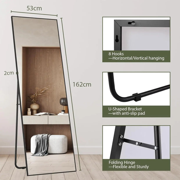 Full Length Mirror Standing Hanging or Leaning Against Wall Large Bedroom Floor Mirror Dressing, Aluminum Alloy Frame 162cm