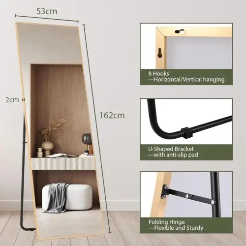 Full Length Mirror Standing Hanging or Leaning Against Wall Large Bedroom Floor Mirror Dressing, Aluminum Alloy Frame 162cm