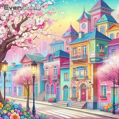 EverShine 5D DIY Diamond Mosaic House Street Complete Kit Painting Pink Scenery New 2024 Embroidery Full Display Gifts for Women