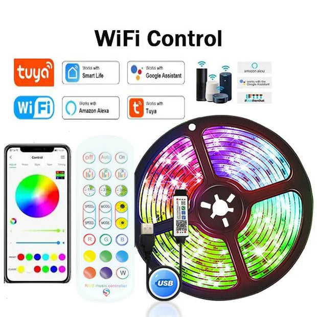 1-30M/100FT USB LED Strip Lights Tuya APP Control Color Changing 5050 RGB TV Backlight Flexible Lamp Tape for Room Decoration