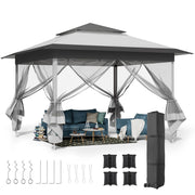 Gazebo 3.3x3.3m Waterproof Stable Pop Up Folding Gazebo, Adjustable Garden Gazebo with 4 Mosquito Net Side Panels & Double Roof