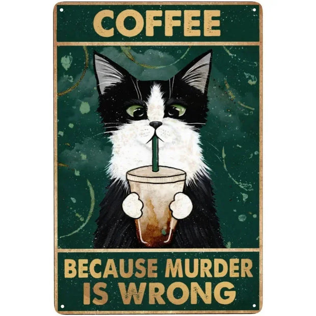 Retro Metal Tin Sign 5.5 X 8 In,More Espresso Less Depresso Poster Drinking Poster Coffee Lover Gift Funny Black Cat Wall Art