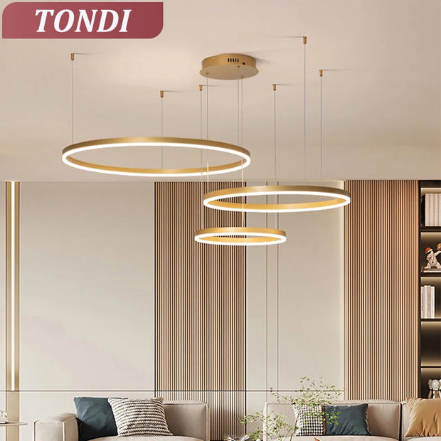 Minimalist Modern Led Chandelier Home Lighting Brushed Rings Ceiling Mounted Chandelier Lighting Hanging Lamp Gold&Black Frame