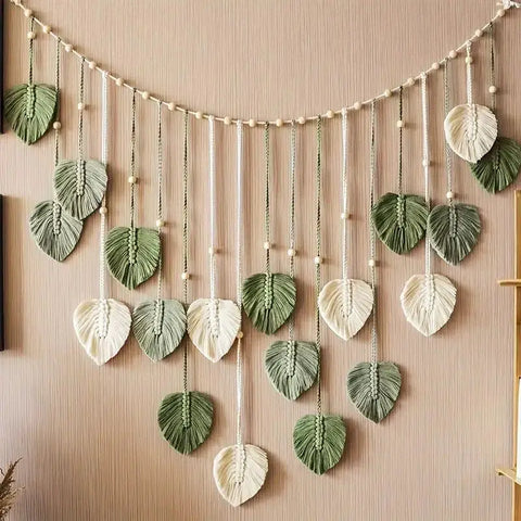 Boho Home Decoration, Macrame Tapestry Macrame Leaf Feather Wall Hanging Decor for Living Room Bedroom, Boho Wall Art Home Decor