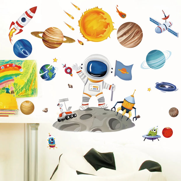 3D Creative Planetary Astronauts Wall Sticker Home Decor Cartoon Kids Room Bedroom Period Print Decal Mural Art Sky Poster Gift