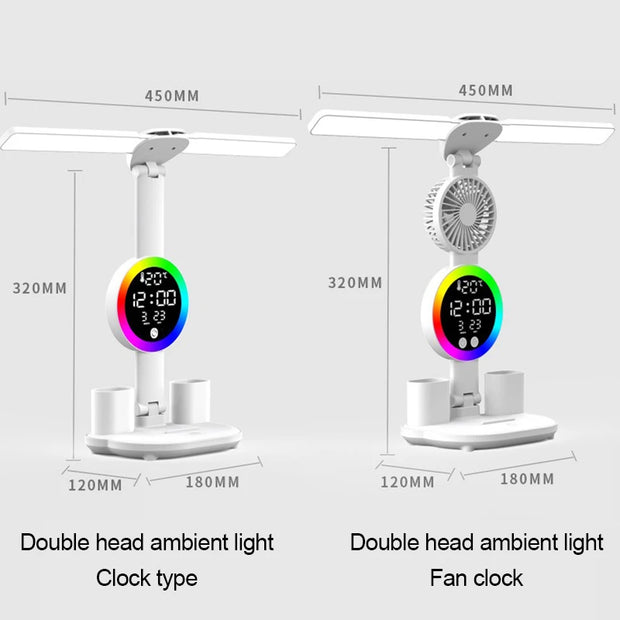 Rechargeable Led Table Lamp for Study Desk Lamp Reading Light Led Night Light with Fan Led Clock Dispaly Reading Desk Light