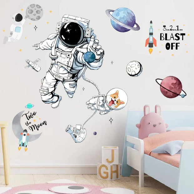 3D Creative Planetary Astronauts Wall Sticker Home Decor Cartoon Kids Room Bedroom Period Print Decal Mural Art Sky Poster Gift