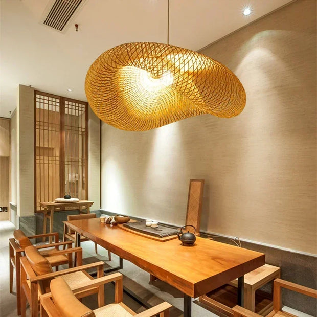 Handmade Vintage Bamboo Weaving LED Pendant Light Rattan Woven Chandelier for Living Room Kitchen and Home Decor Hanging Lamp