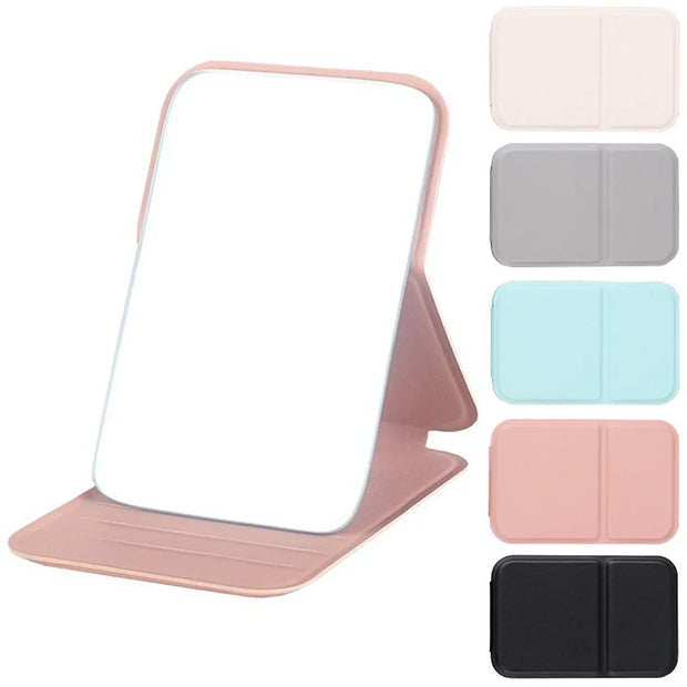 Desktop Makeup Mirror Solid Color PU Leather Simple Portable Handheld Makeup Mirror Foldable Student Compact Cute Pocket Mirror