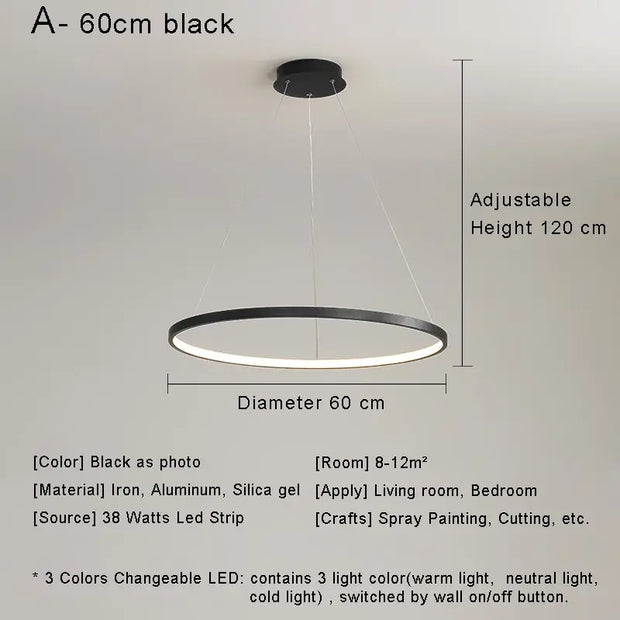 Modern Round Ring Led Pendant Light for Dining Living Room Center Table Kitchen Bedroom Minimalist Decor Hanging Lamp Fixture