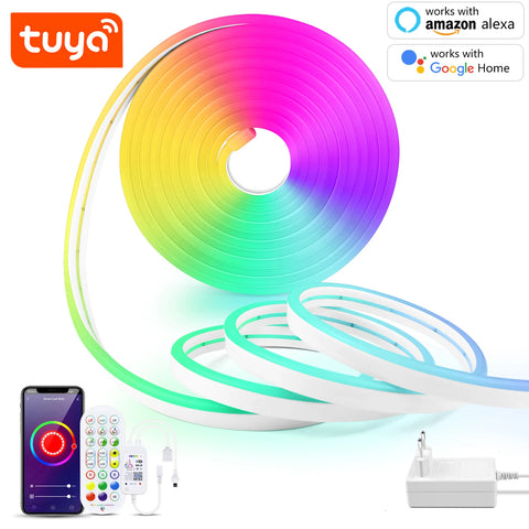 EU Plug DC12V-24V RGB Neon LED Strip 1/2/3/4/5/10/15M WiFi Neon RGB Strip Work With Tuya/Smart Life for Home Neon Decor Lighting