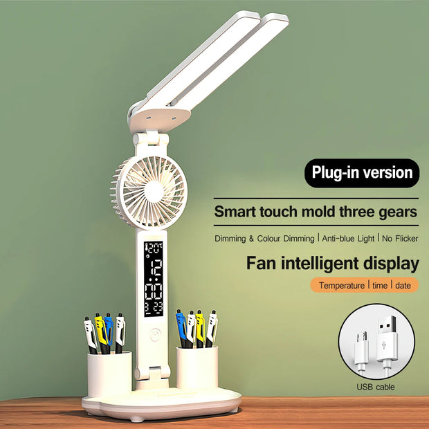 Rechargeable Table Lamp for Study Desk Lamp Reading Light Led Dual Head Table Light with Fan Led Clock Dispaly Reading Lamp