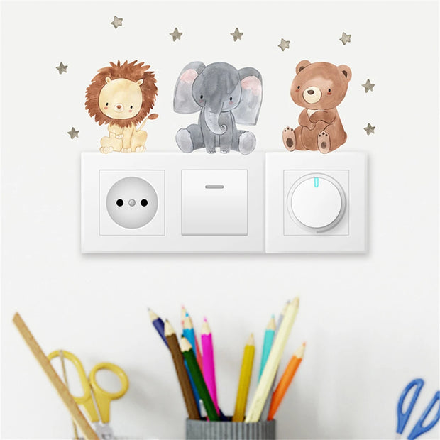 1 Sheet Cute Animal Switch Sticker Children's Room Lion Elephant Rabbit Wall Stickers Wall Decals DIY Living Room Wall Sticker