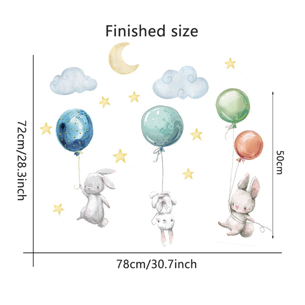 Cute Lovely Flying Rabbits Wall Stickers For Kids Balloons Moon Star Cloud Removable Decal Nursery Baby Room Decor Poster Mural