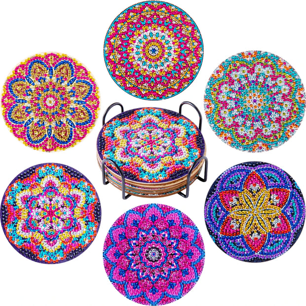 CHENISTORY 6 Pcs Diamond Painting Coasters with Holder, Mandala Diamond Art Coasters Diamond Small Painting Kits Art Craft