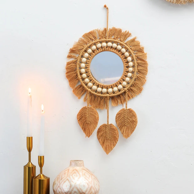 Round Wall Mirrors Room Decor Hand Woven Decorative Mirror Wall Hanging Mirror for Apartment Living Room Bedroom Home Decoration