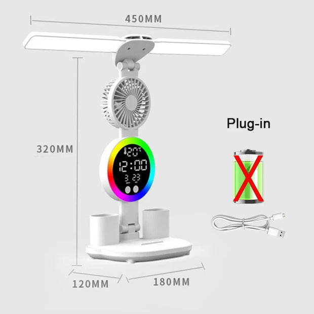 Rechargeable Led Table Lamp for Study Desk Lamp Reading Light Led Night Light with Fan Led Clock Dispaly Reading Desk Light