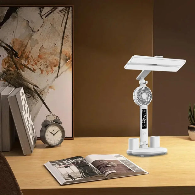 Rechargeable Table Lamp for Study Desk Lamp Reading Light Led Dual Head Table Light with Fan Led Clock Dispaly Reading Lamp