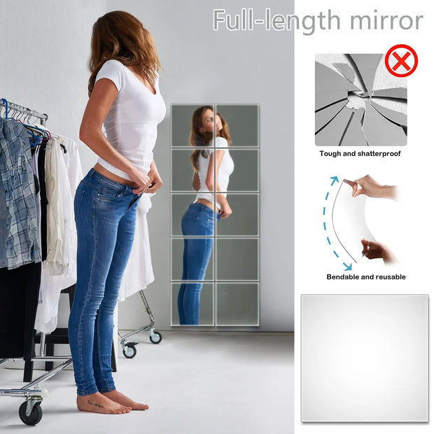 10PCS Mirror Tiles,12x12 Inch Flexible Mirror Sheet,Self Adhesive Self Cuttable Mirror Wall Stickers Non Glass Square Mirrors